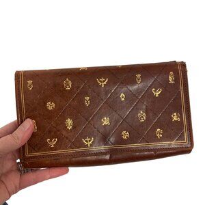 Vintage Italian Brown Leather Clutch Gold Embossed Made in Italy Old Money